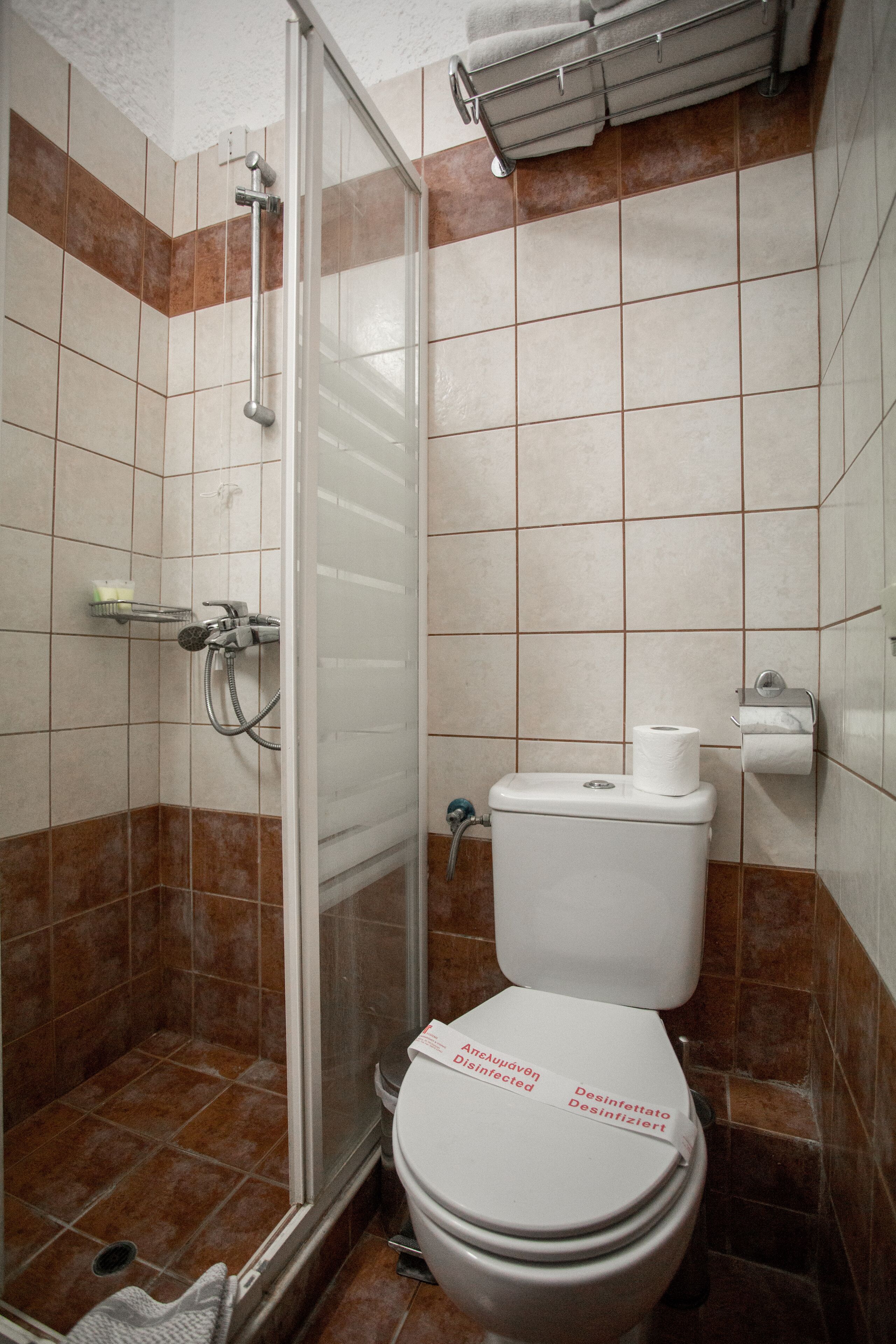 A bathroom with a glass shower enclosure, a toilet, and a towel rack.
