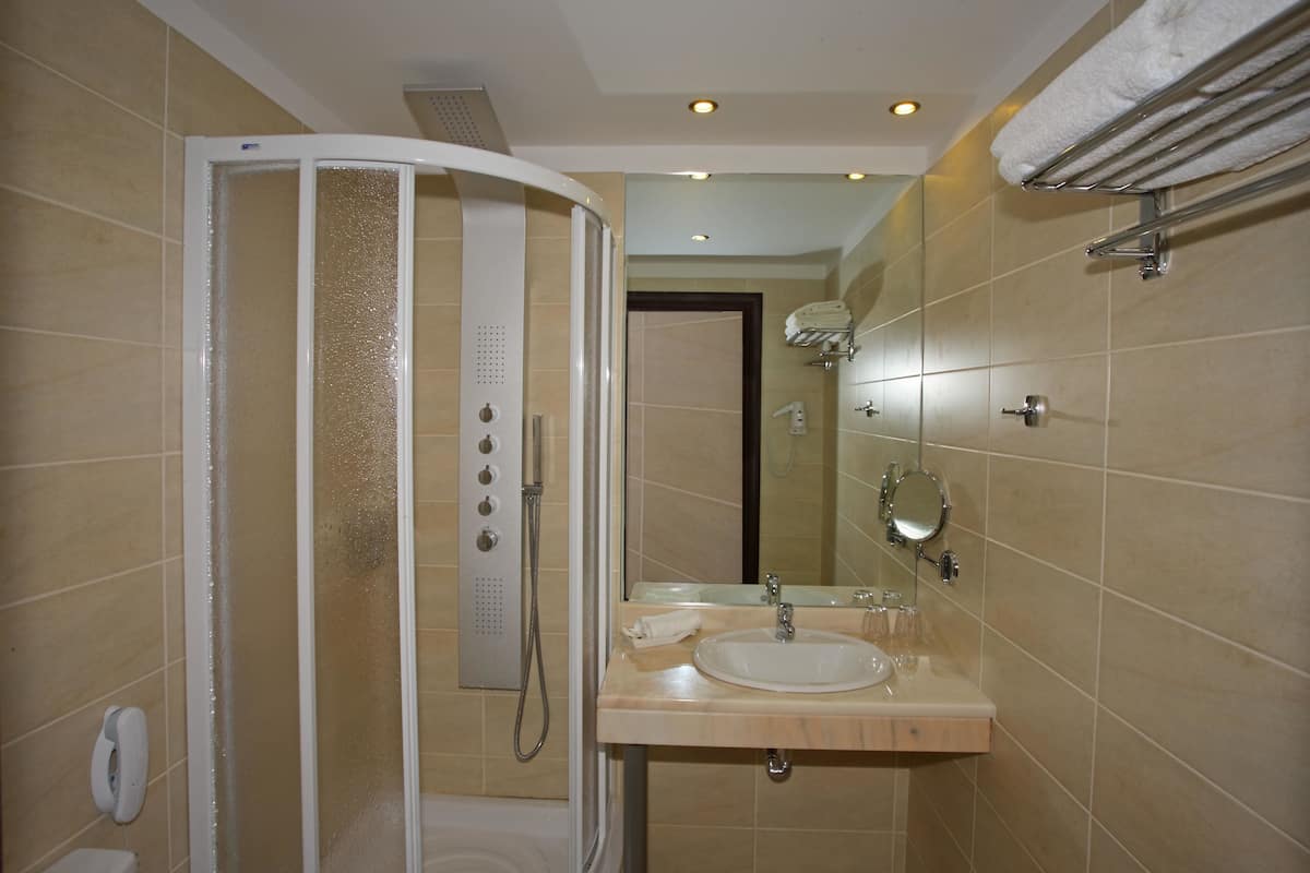 Shower, free toiletries, hair dryer, towels