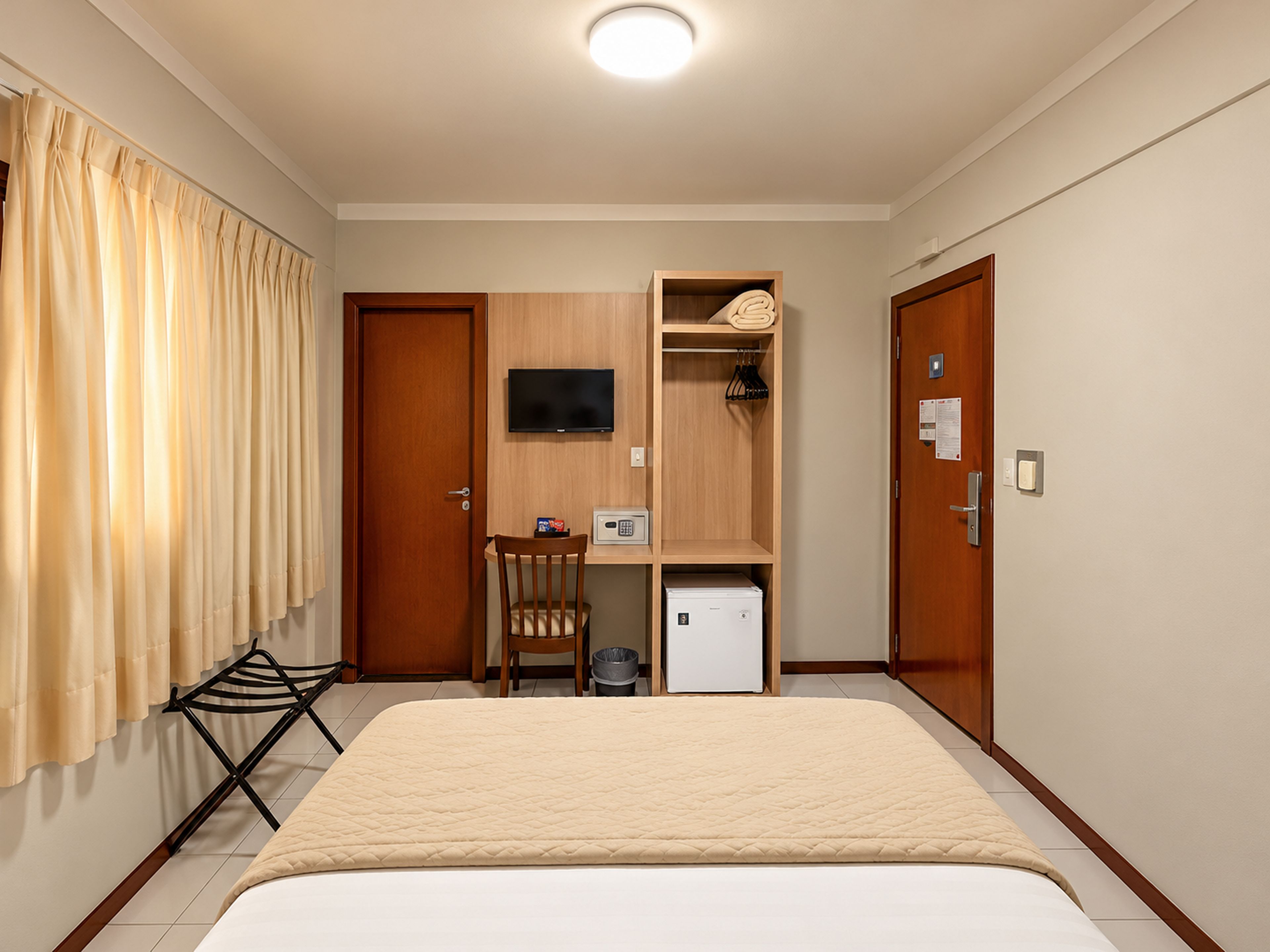 Habitación de hotel con cama, televisión, escritorio con silla, microondas y refrigerador pequeño.