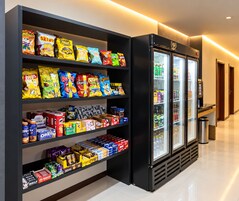 Una presentación de aperitivos con varias marcas y un refrigerador para bebidas.