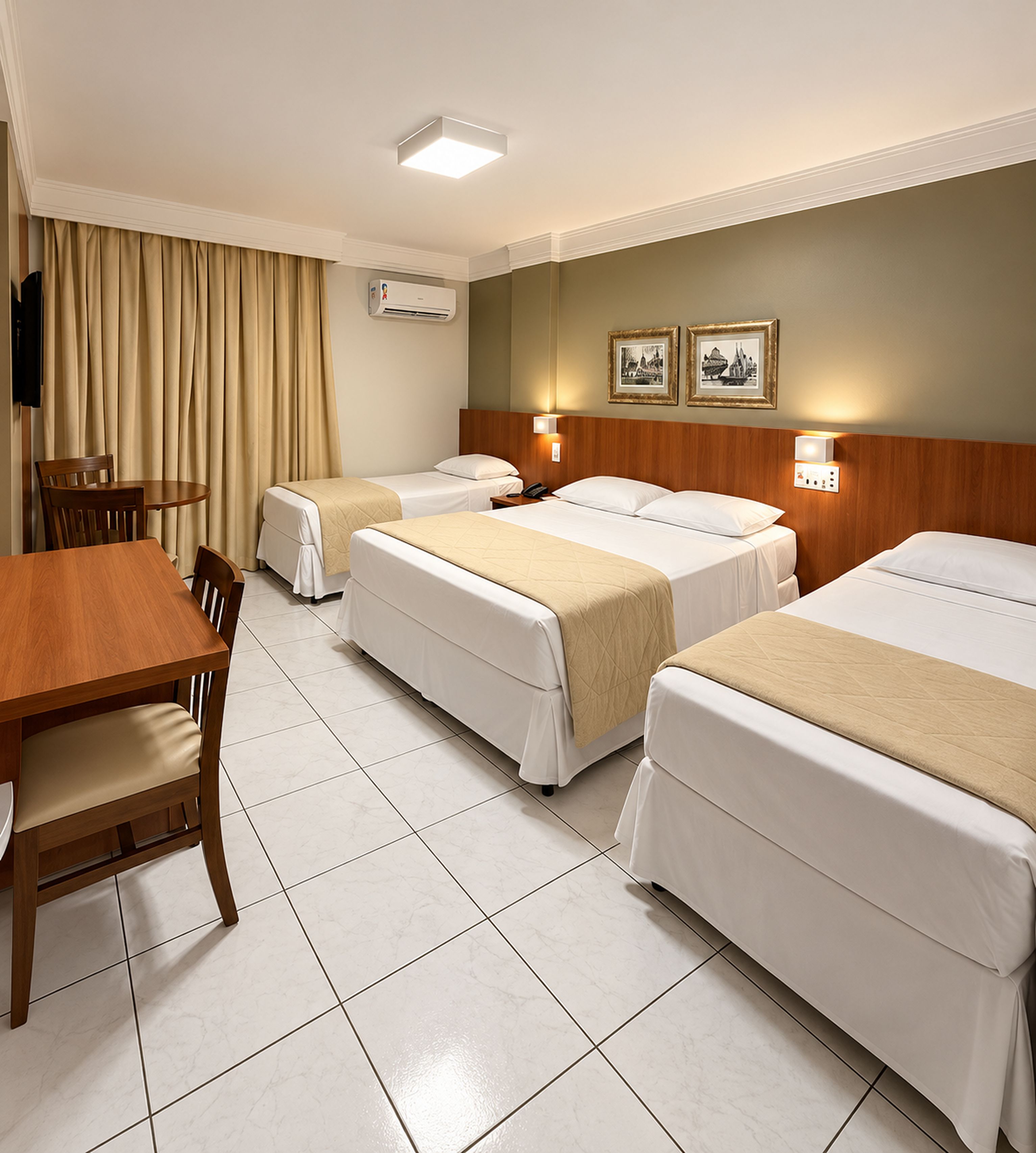 Habitació d'hotel amb tres llits, una taula de fusta i una cadira.