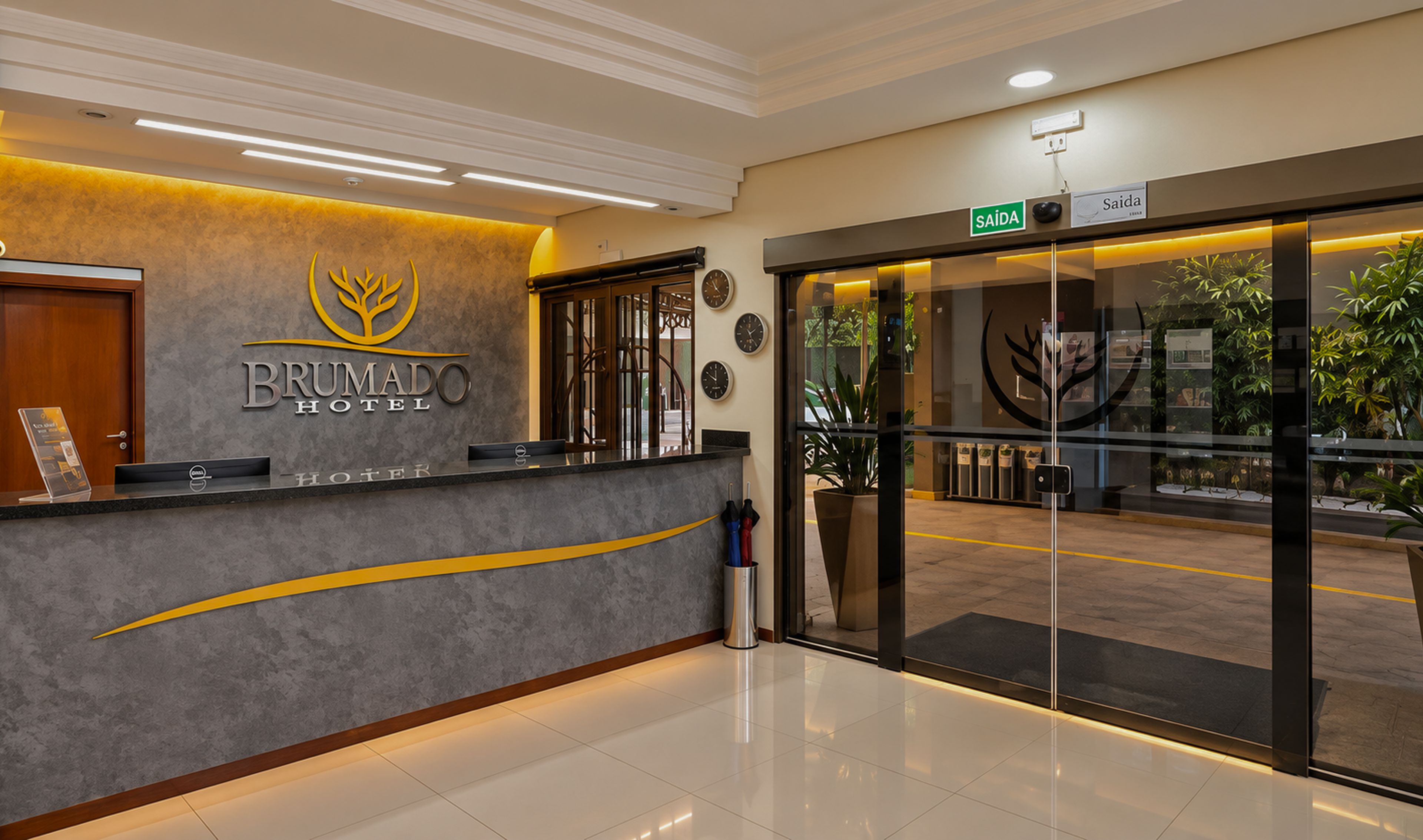 Ein Hotel-Empfangsbereich mit modernem Design, einer Rezeption und einem Schild mit der Aufschrift 'BRUMADO HOTEL'.