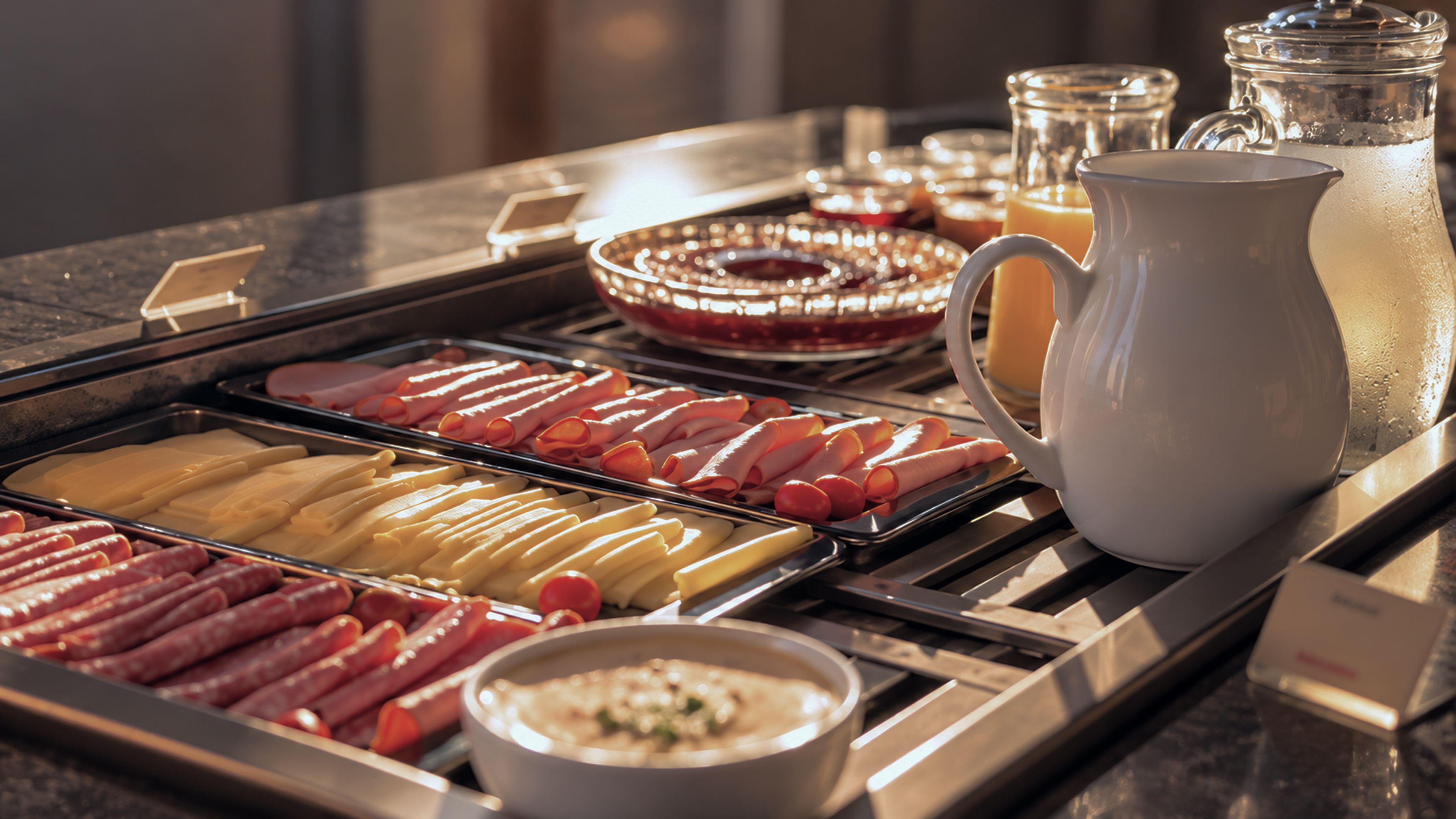 Ein reichhaltiges Buffet mit verschiedenen Speisen, darunter Fleisch und Käse, eine Saftkanne und ein Einmachglas.