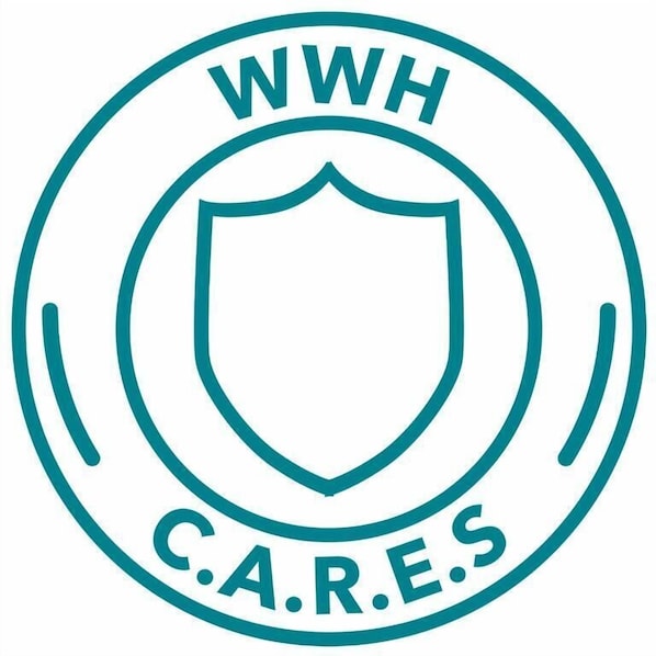 Un logotipo con el texto 'WWH CARES' y un emblema de escudo.