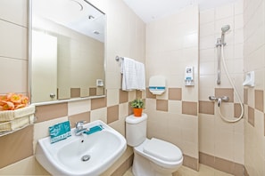 Shower, free toiletries, hair dryer, towels