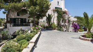 A white building with a curved roof, surrounded by lush greenery and flowering plants. - Costa Marina Villa (Santorini)