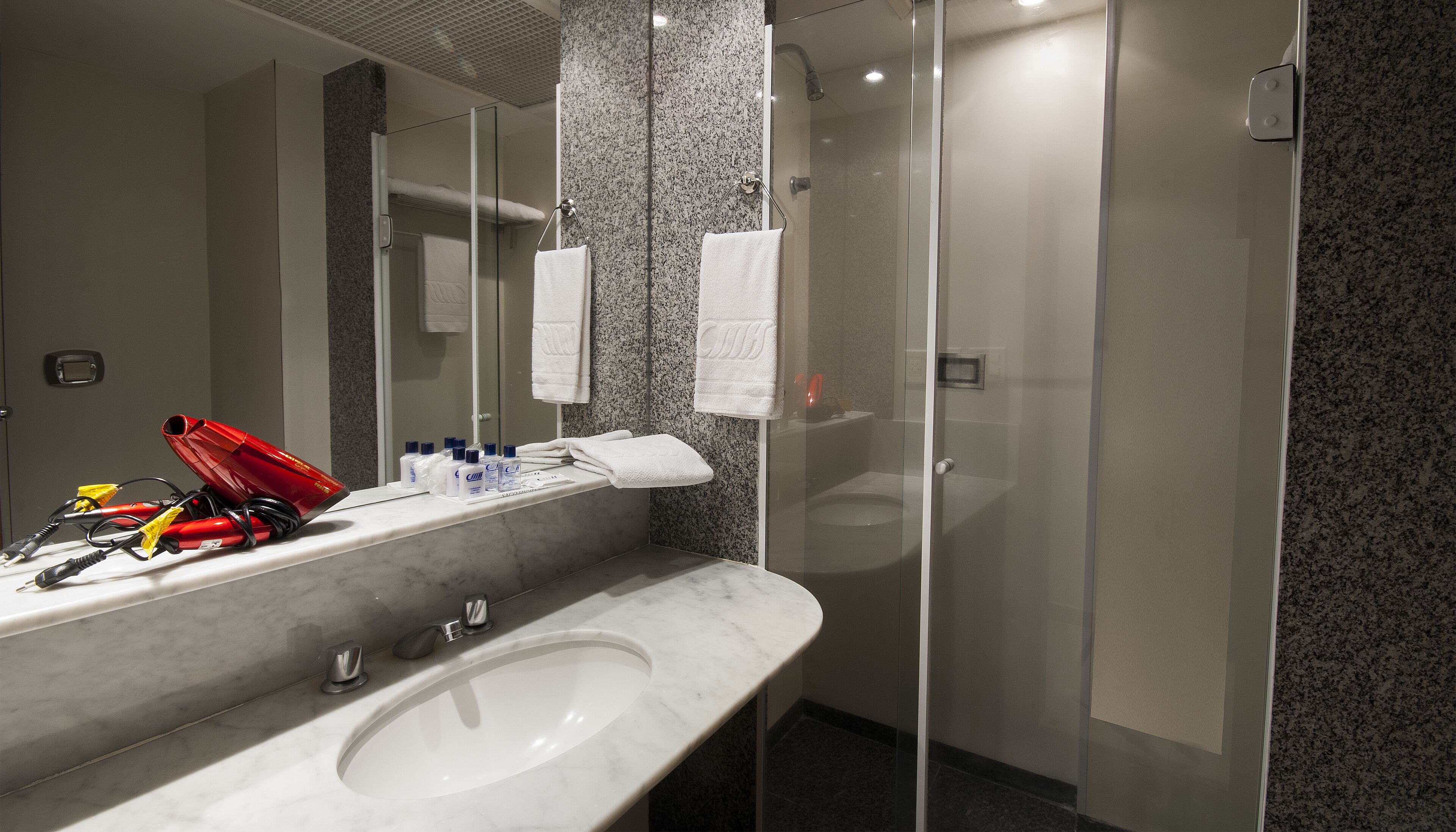 shower, free toiletries, hair dryer, towels