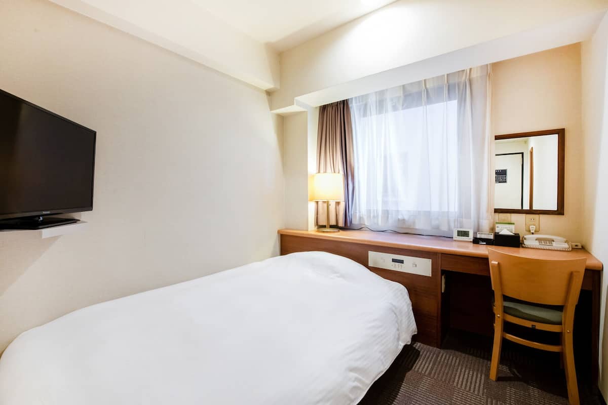Une chambre d’hôtel comprenant un lit, un bureau avec une chaise, une télévision, une lampe, un téléphone et un miroir.