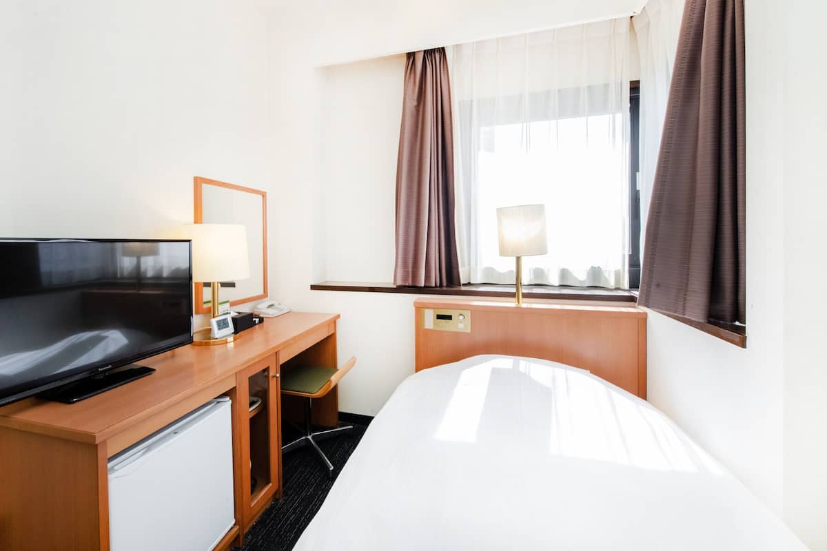 Une chambre d’hôtel avec un lit, un bureau avec une télévision, une lampe, une chaise et une fenêtre avec des rideaux.