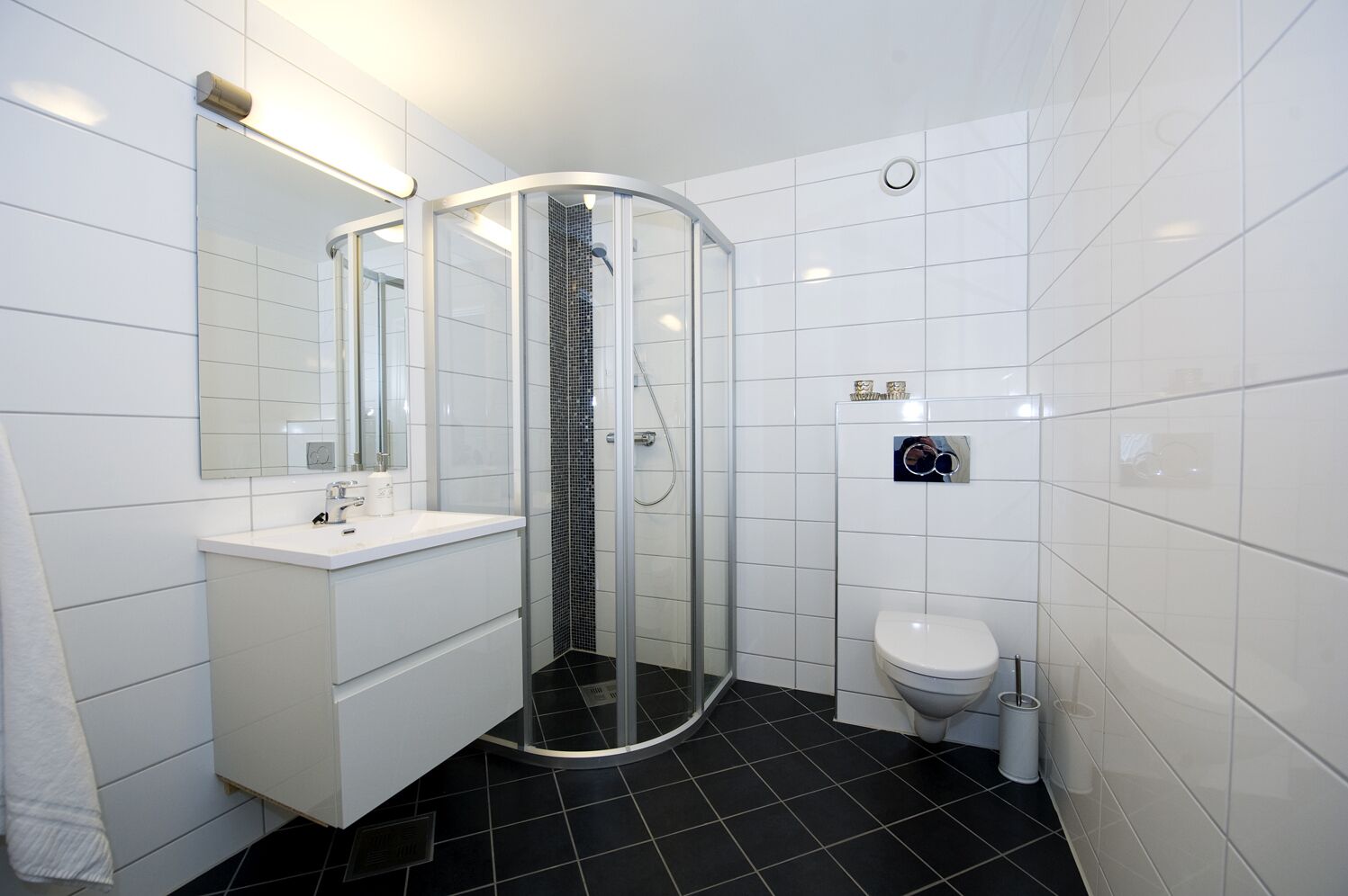A modern bathroom with a glass-enclosed shower, a white sink, and a toilet.