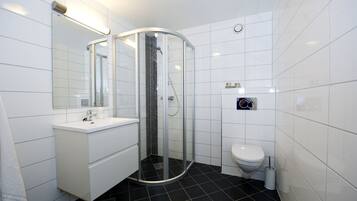 A modern bathroom with a glass-enclosed shower, a white sink, and a toilet.