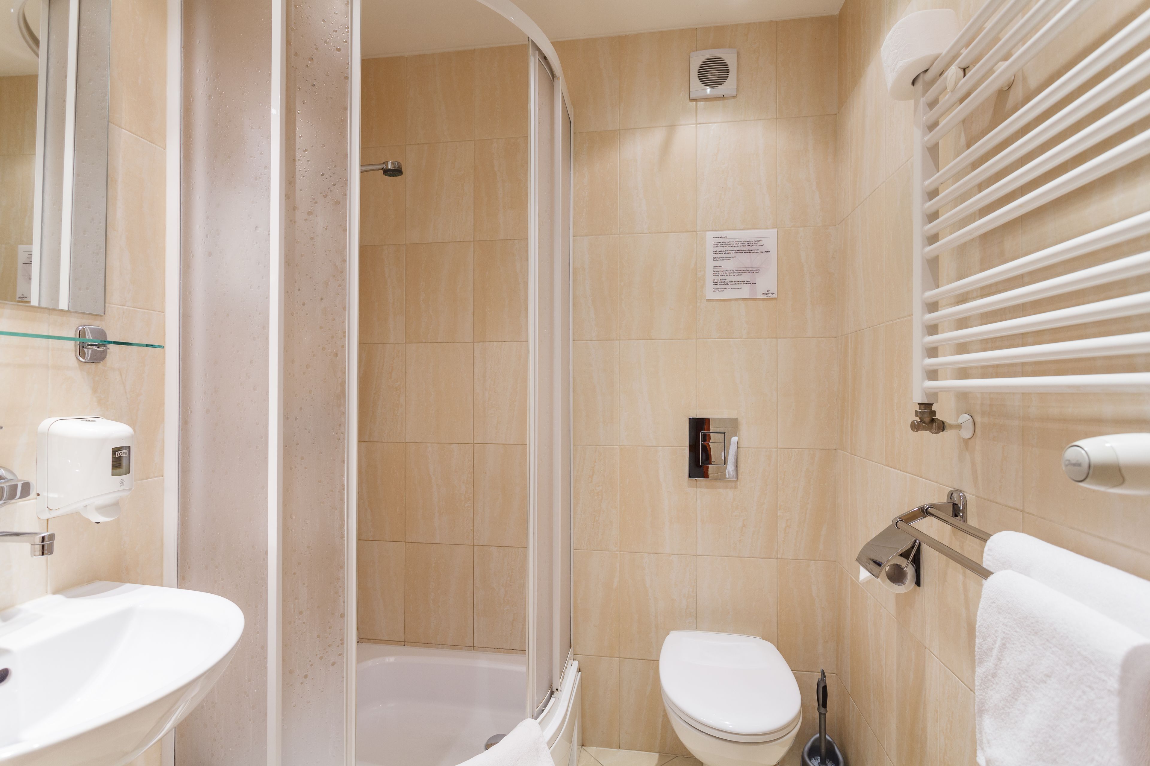 single room | bathroom | shower, hair dryer, towels