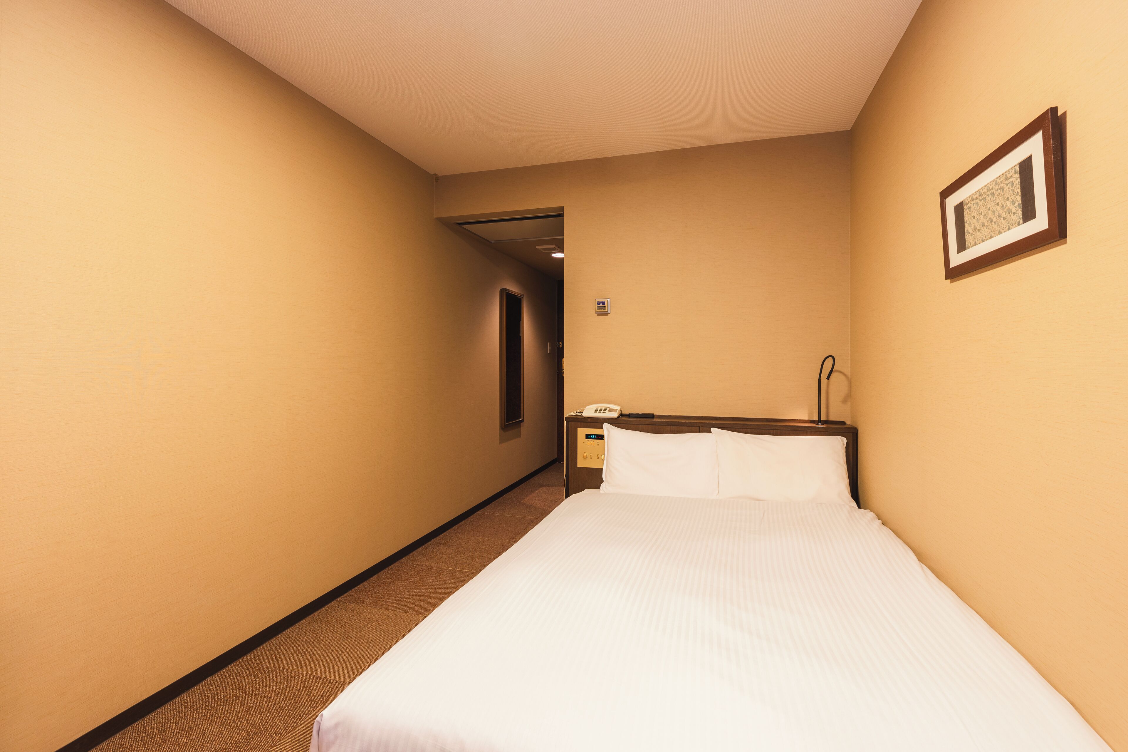 A hotel room with a single bed, a bedside table with a phone, and a framed picture on the wall.