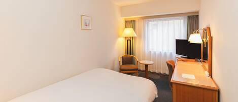 A hotel room with a single bed, a desk with a chair, a television, and a lamp.