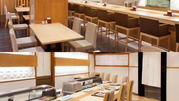 A modern restaurant with wooden furniture, a long counter, and a variety of seating options.