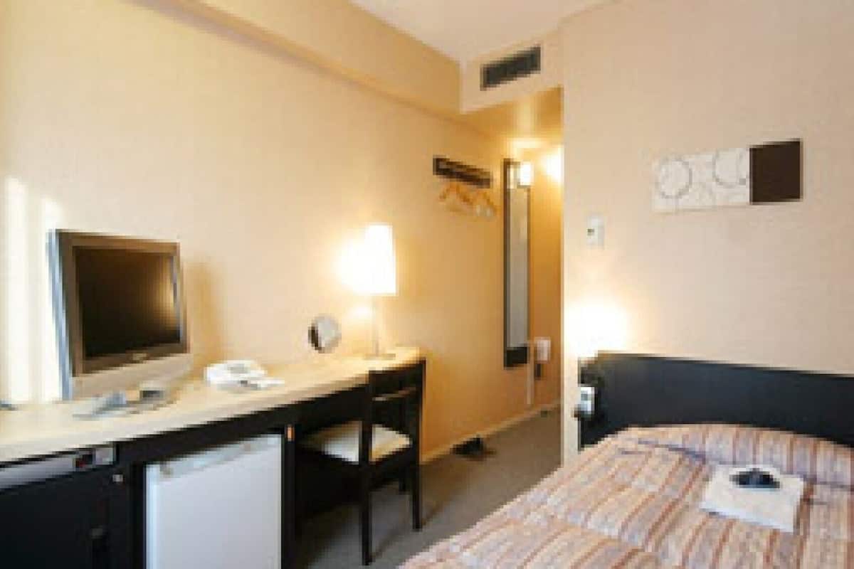 Una habitación de hotel con una cama, un escritorio, una silla, un televisor y un espejo.