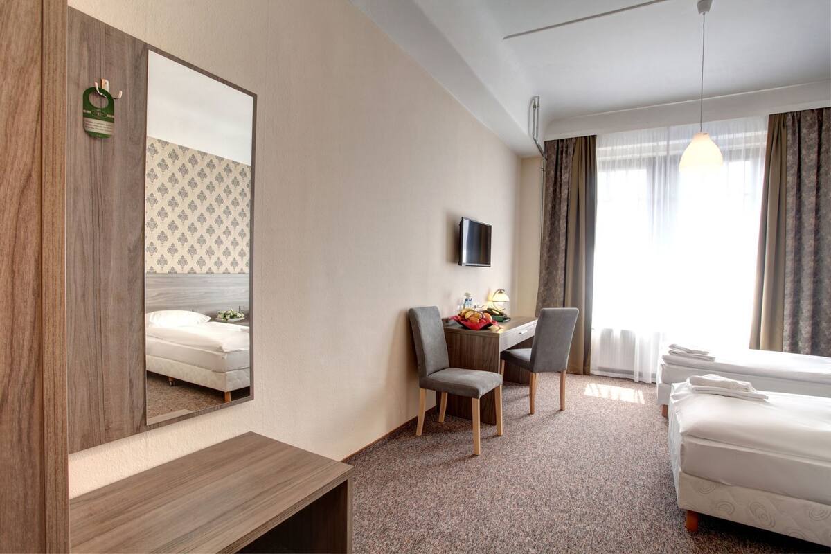 Una habitación de hotel con cama, escritorio, silla, televisor y un espejo grande.