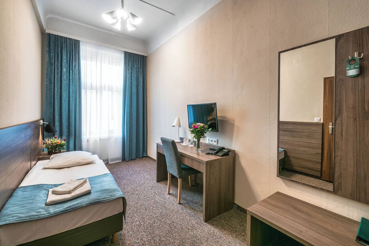 A hotel room with a bed, a desk, a chair, a mirror, and a television.
