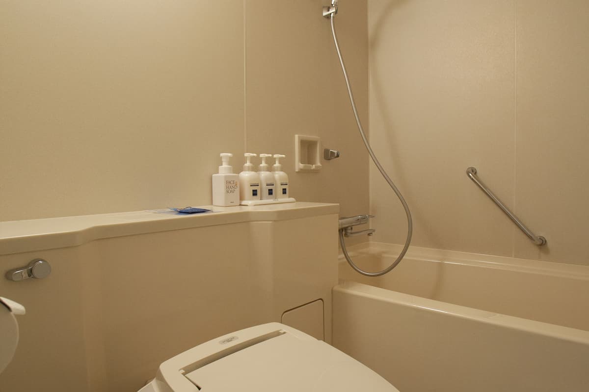 combined shower/bathtub, hair dryer, bathrobes, slippers