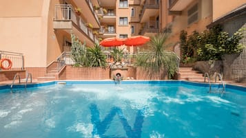 Seasonal outdoor pool, pool umbrellas, pool loungers