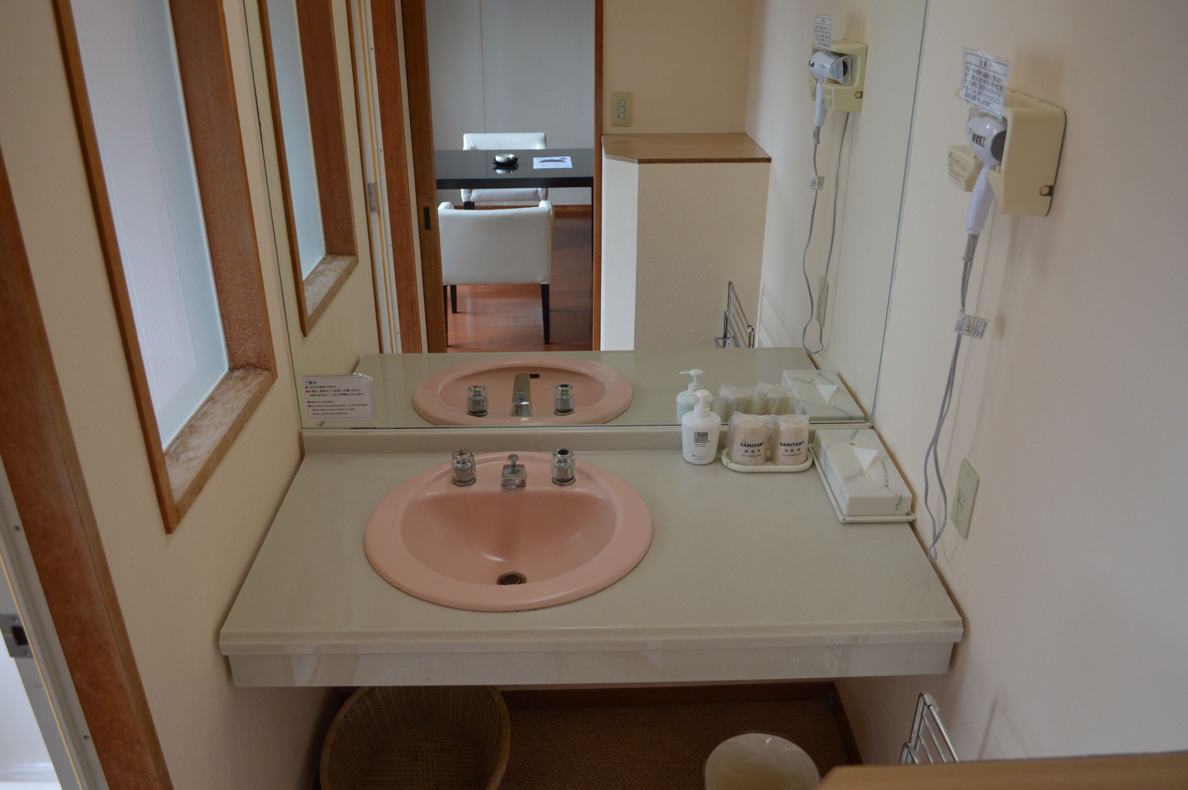Een badkamer met een dubbele wastafel, een spiegel en een haardroger aan de muur.