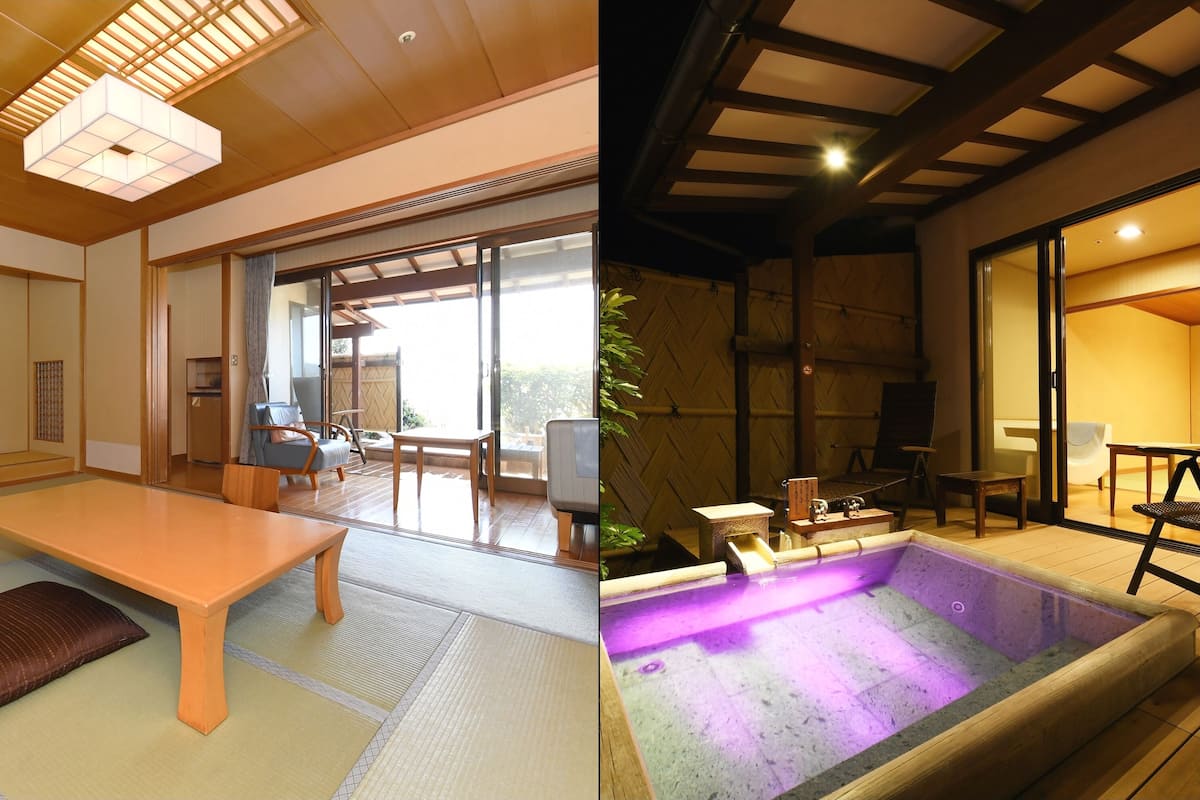 A traditional Japanese-style room with tatami flooring, a low wooden table, and sliding doors leading to an outdoor area.