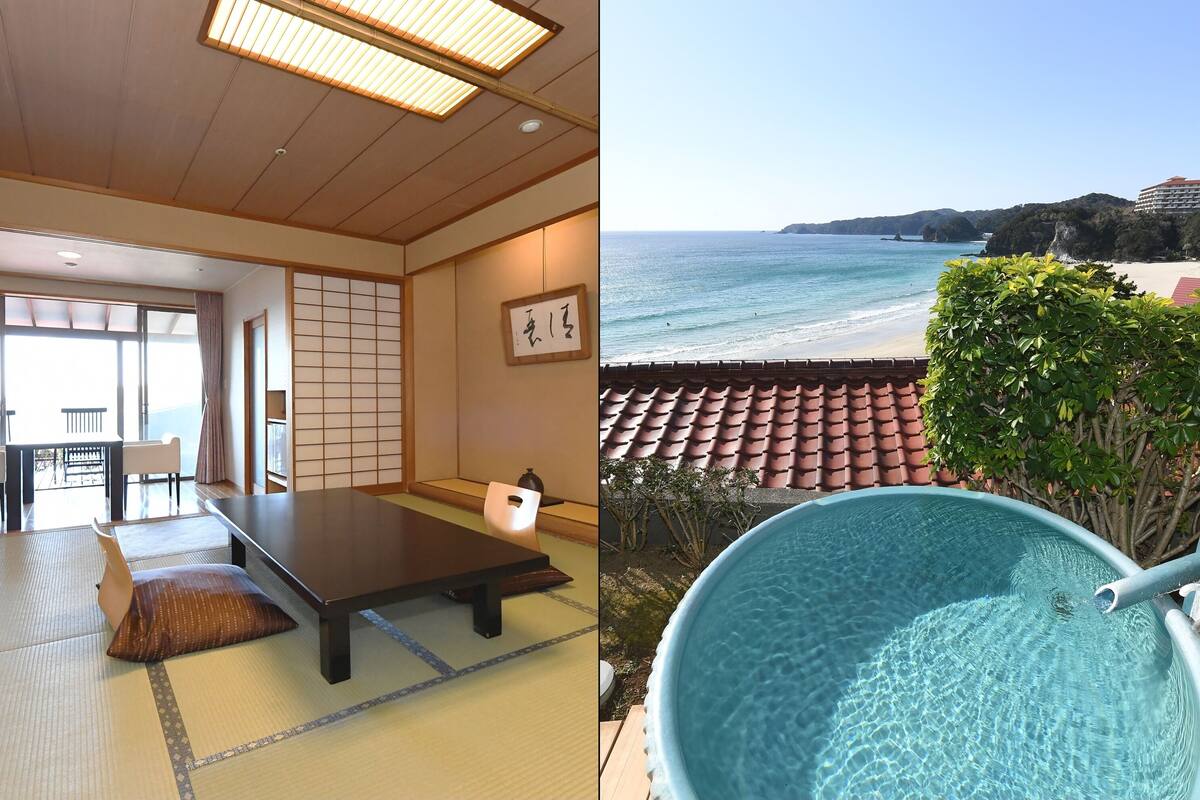 A traditional Japanese room with tatami flooring, a low table, and sliding doors. It also features a view of a beach and a swimming pool.