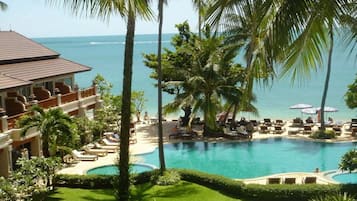 Outdoor pool, pool umbrellas, pool loungers