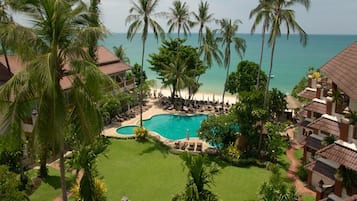 Outdoor pool, pool umbrellas, pool loungers