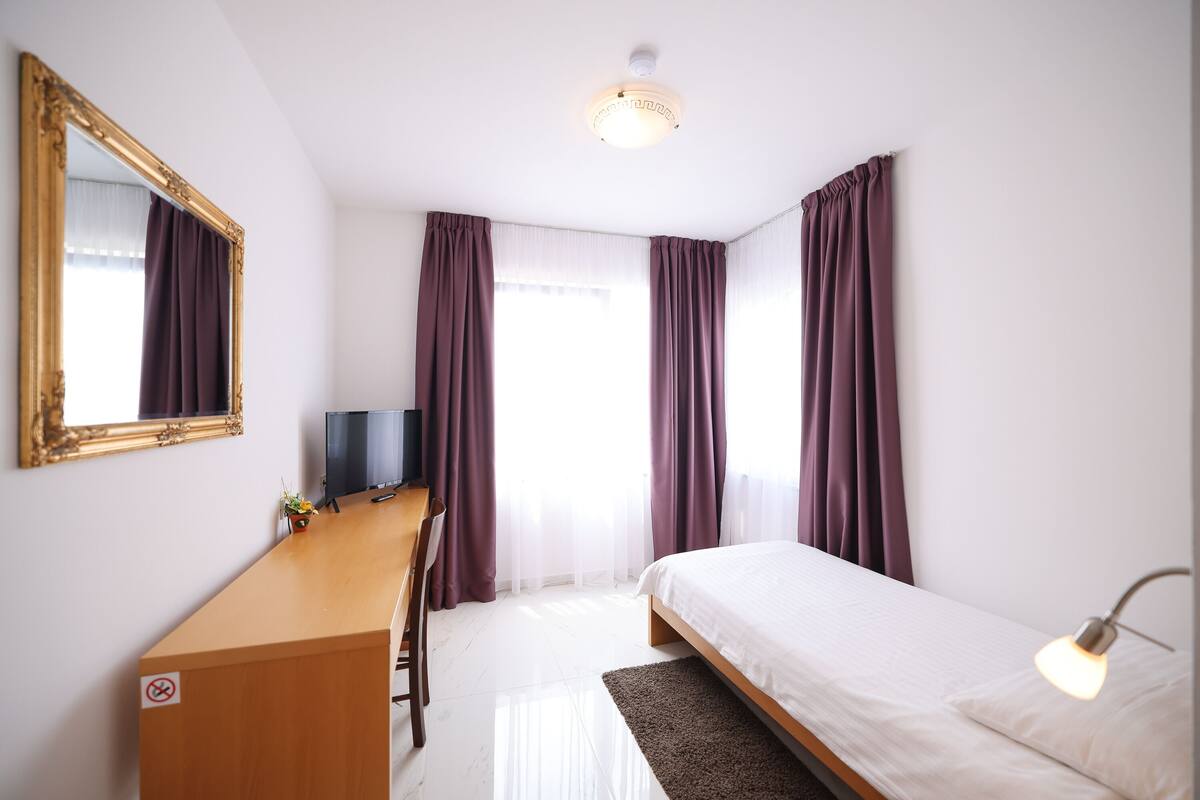 Habitación de hotel con cama, escritorio, televisión y espejo.