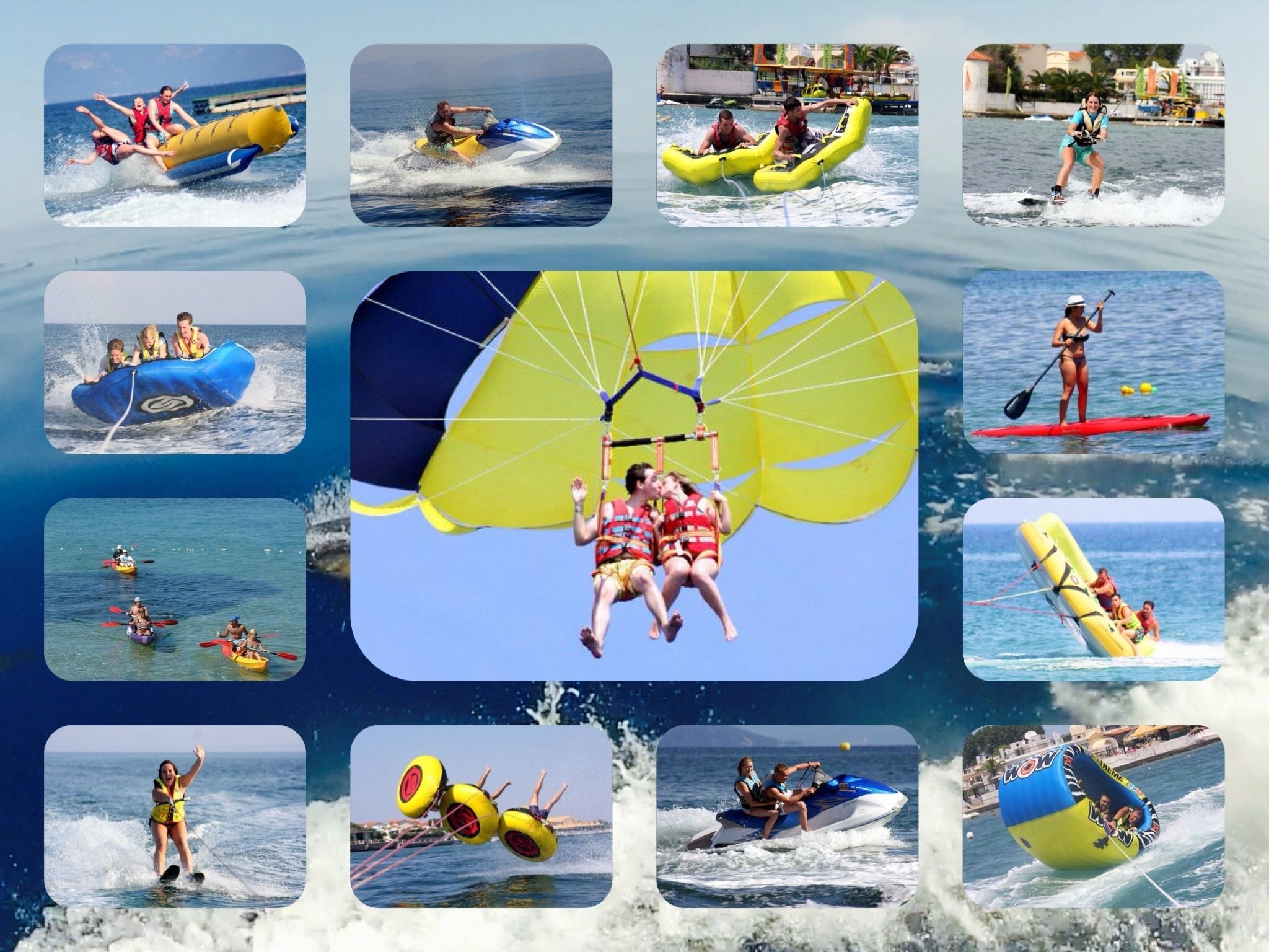 Un collage de actividades acuáticas como esquí acuático, parasailing y wakeboard.