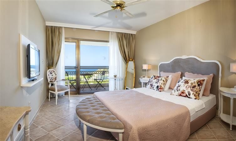 A hotel room with a large bed, a television, a balcony with a view, and a ceiling fan.