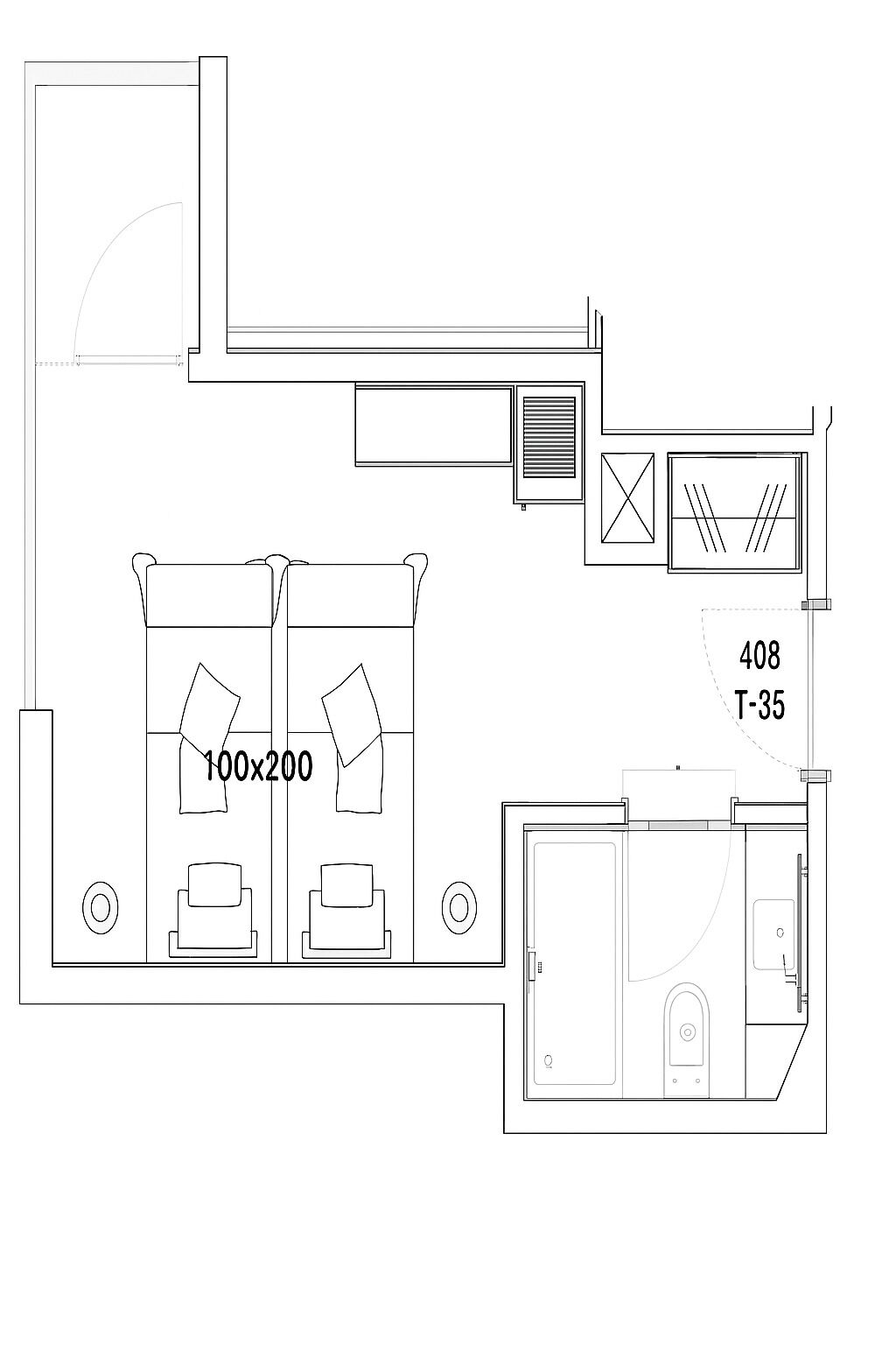 A floor plan of a hotel room with a bed, two bedside tables, a window, and a bathroom.