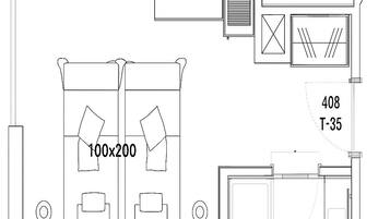 A floor plan of a hotel room with a bed, two bedside tables, a window, and a bathroom.