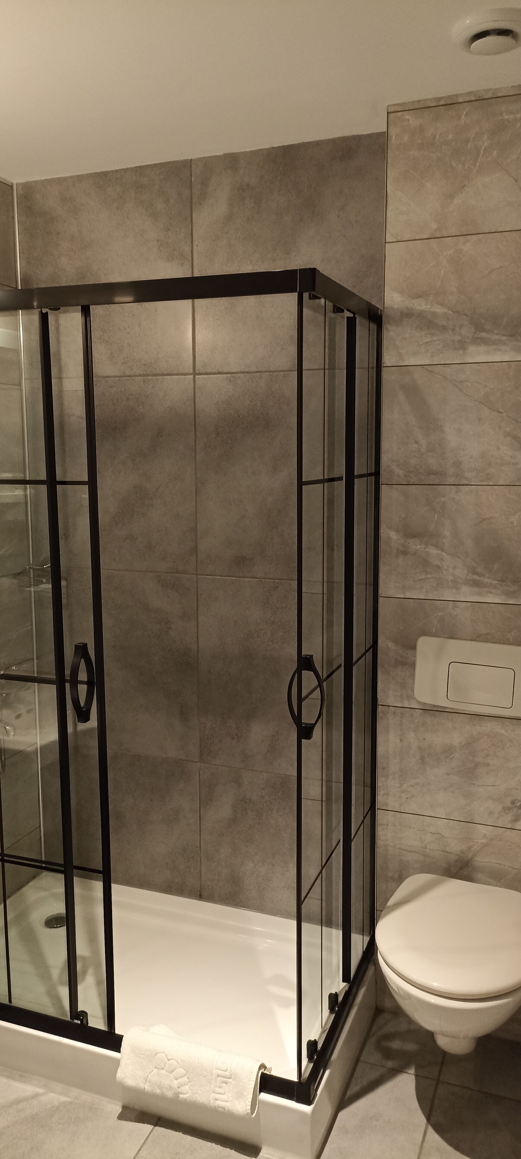 A modern bathroom with a glass-enclosed shower, a white toilet, and a tiled floor.