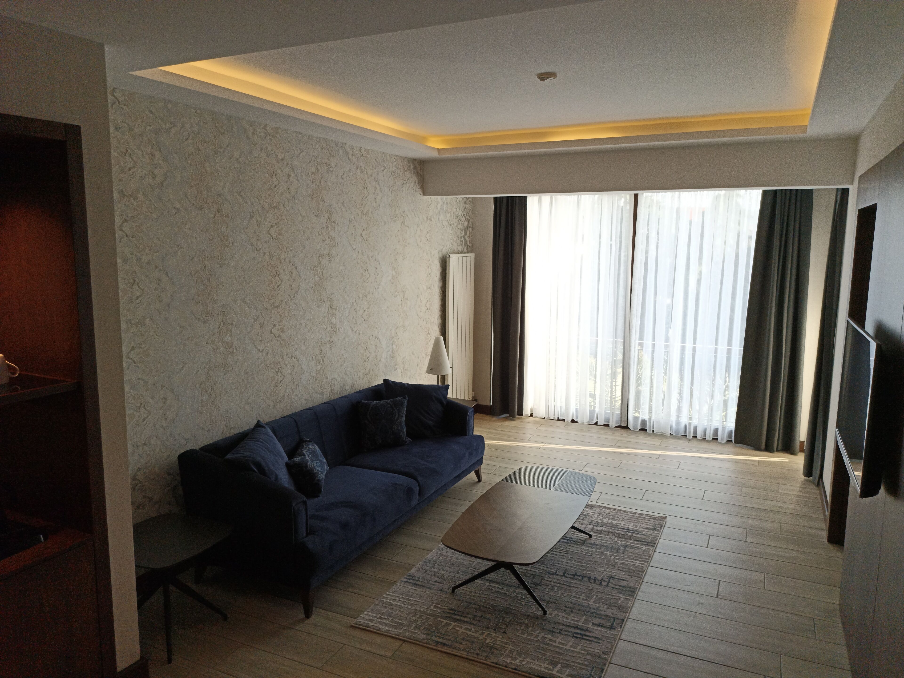 A modern living room with a dark blue sofa, a small coffee table, and a large window with sheer curtains.