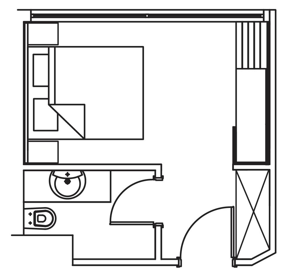 A floor plan with a bathroom, a kitchen, and a living area.