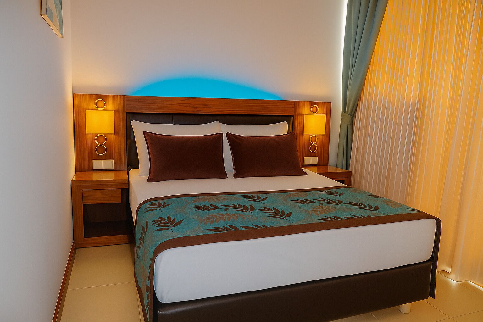 Una cama bien hecha con una colcha estampada con motivos florales, dos almohadas marrones y un cabecero de madera con lámparas fijadas a la pared.