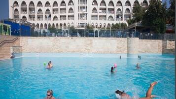 Outdoor pool, pool umbrellas, pool loungers