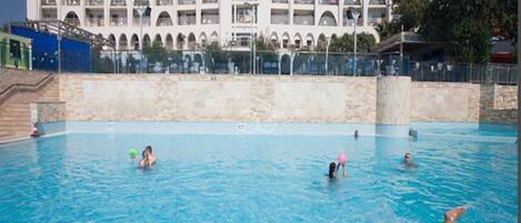 Outdoor pool, pool umbrellas, pool loungers