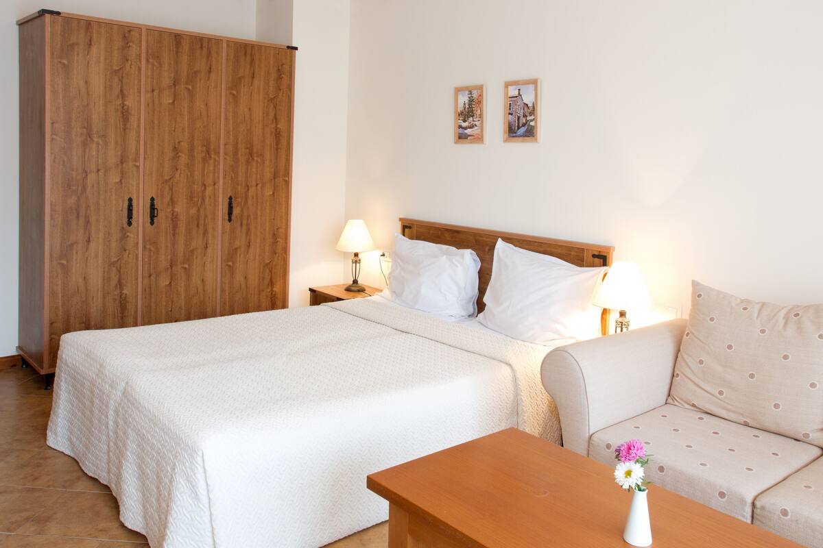 A bedroom with a bed, a wooden wardrobe, a nightstand with a lamp, a sofa, and a small table with a vase of flowers.