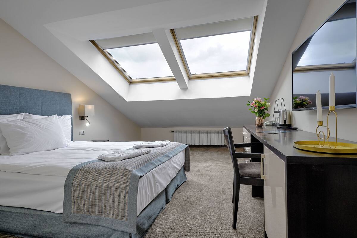 A bedroom with a skylight, a bed, a desk, and a chair.