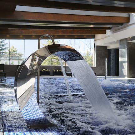 Indoor pool, outdoor pool, open 9:00 AM to 9:00 PM, pool loungers