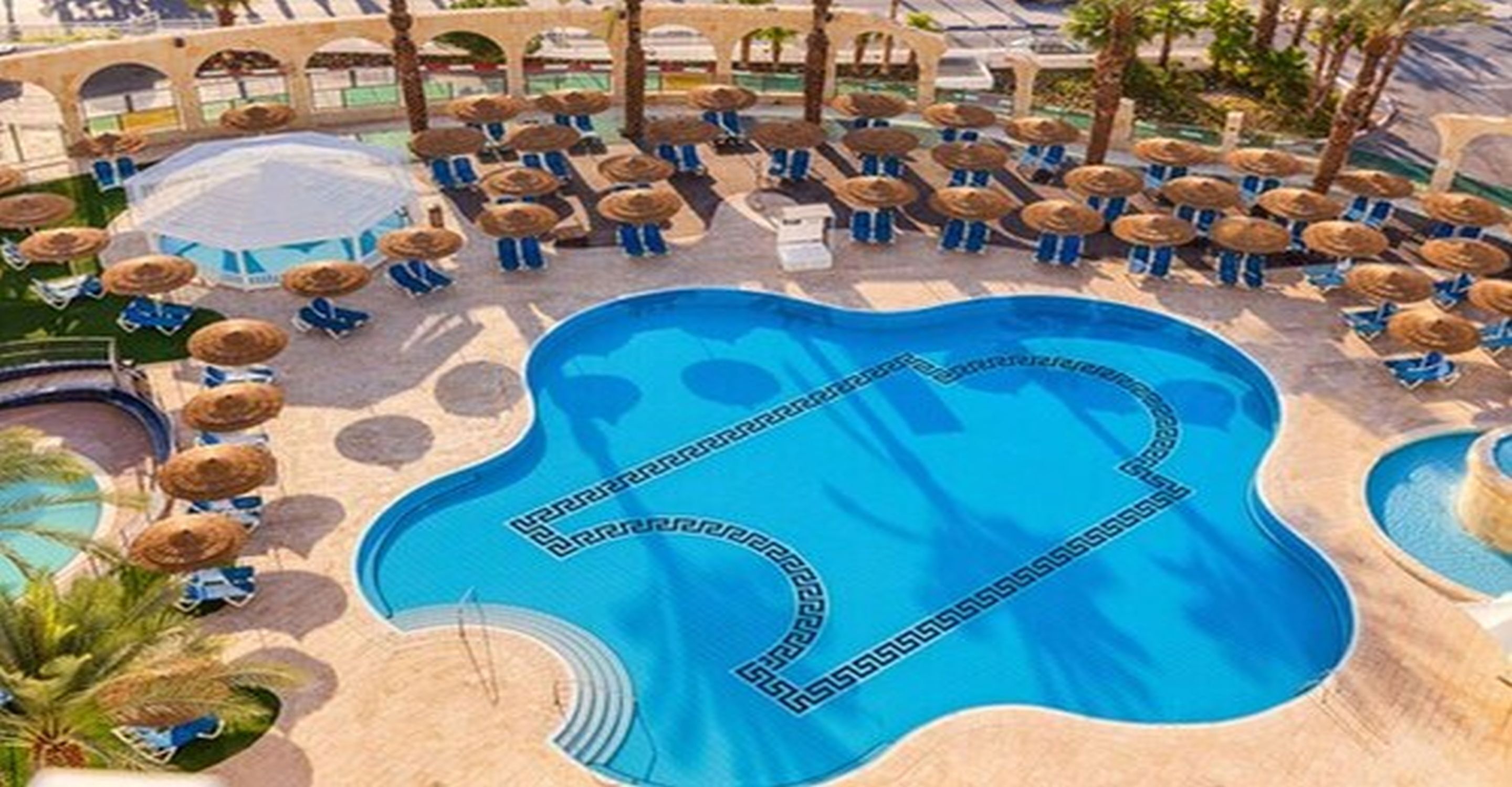 Zona de piscina con sillones de descanso y sombrillas, rodeada de palmeras y un área de estar cubierta.