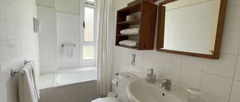 Un baño con bañera, inodoro, lavabo y espejo.