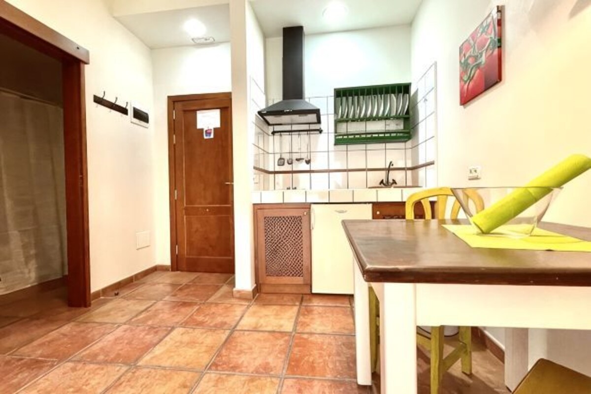 Una cocina con estufa, lavamanos y un estante verde en la pared.