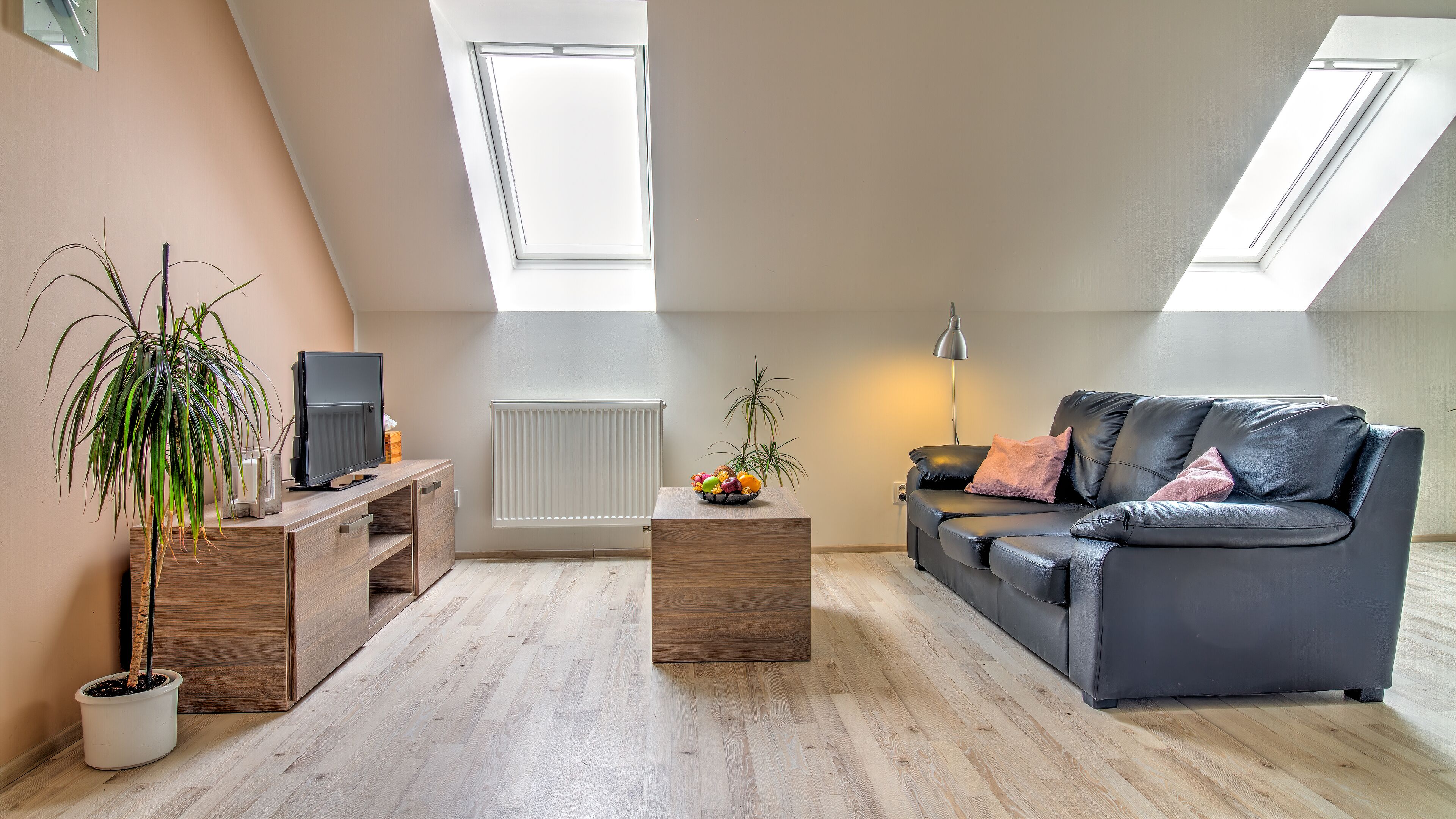 Un appartement moderne de style « loft » avec un plafond en pente, un plancher en bois, un canapé en cuir noir, une table basse en bois, un téléviseur posé sur un meuble en bois et une plante en pot.