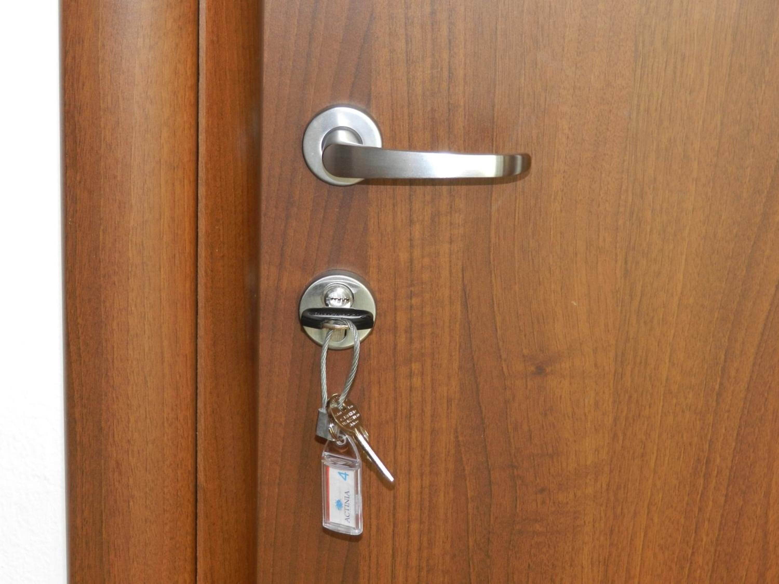 A wooden door with a metallic handle and a key lock.