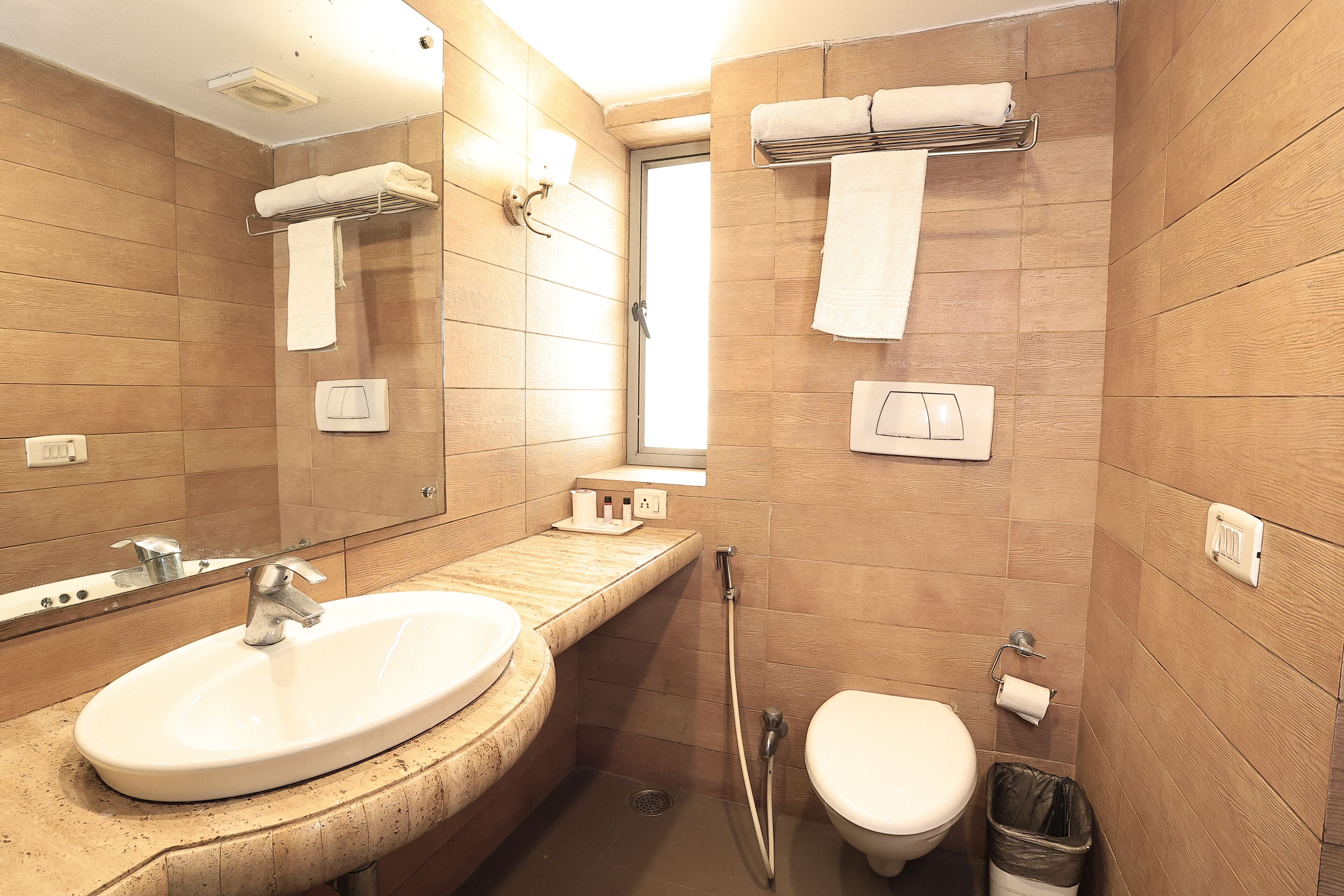 Un baño con lavamanos, espejo, toallero, inodoro y ducha.