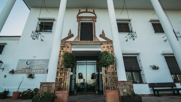 A building with a central entrance flanked by two columns, a tiled entrance, and potted plants. - Hotel Valsequillo (Lepe)